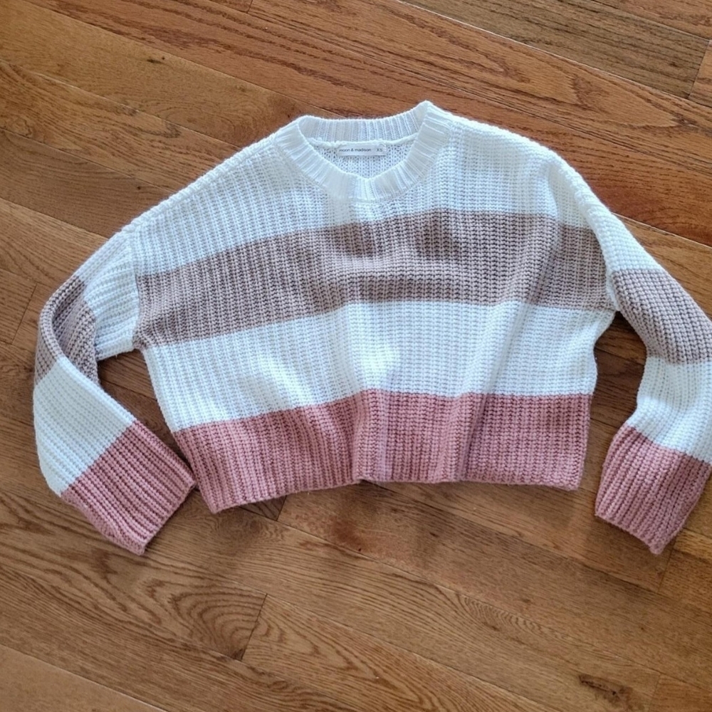 moon & madison Cropped Striped Crewneck Sweater - White, Pink & Taupe